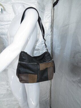 Vintage Leather Patchwork Shoulder Bag Black Brown Suede Croc Embossed Purse OS